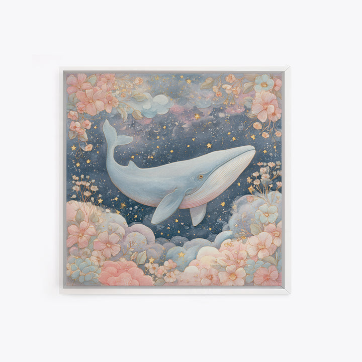 Baby Whale Swimming Through Stars Framed Canvas Print, Nursery Decor, Nursery, Fine Art, Nursery, Baby Girl Nursery Decor, NDE-1x1-56