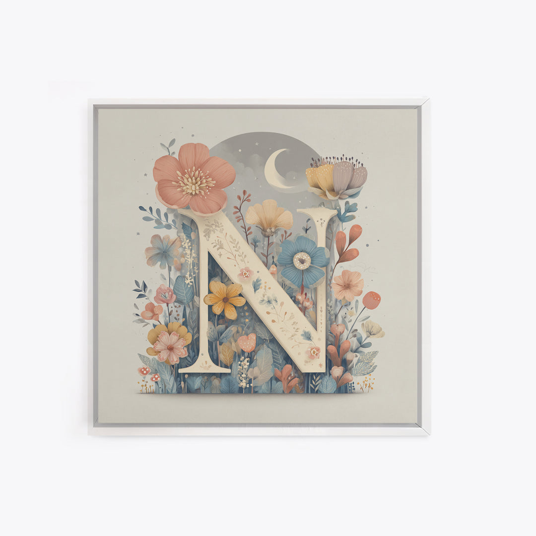 Soft Floral Initial Frame Without Letters Framed Canvas Print, Nursery Decor, Boy Nursery Decor, Fine Art, Nursery, NDE-1x1-58