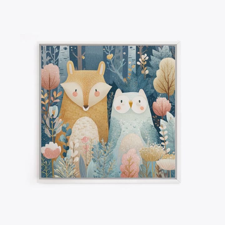 Fox and Owl Friends Framed Canvas Print, Nursery Decor, Gallery Decor, Fine Art, Nursery, Wall Art, Home Decor, Wall Decor, NDE-1x1-62