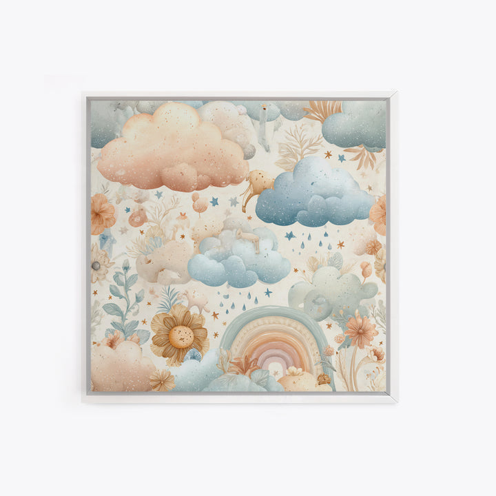 Cloud Rainbow and Raindrop Composition Framed Canvas Print, Nursery Decor, Wall Light, Fine Art, Nursery, Statement Artwork, NDE-1x1-68