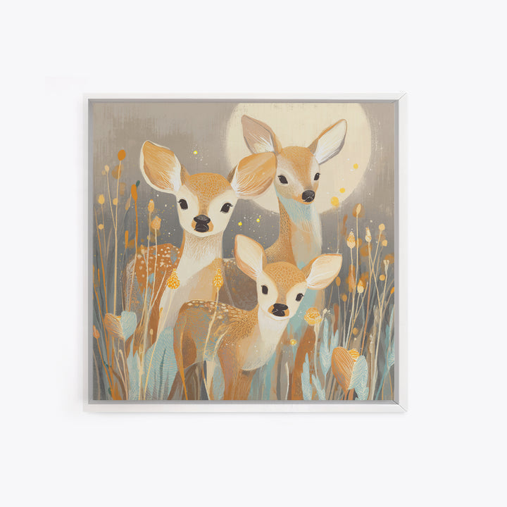 Baby Deer in Meadow with Fireflies Framed Canvas Print, Nursery Decor, Nursery Wall Decals, Oil Painting, Nursery, NDE-1x1-70