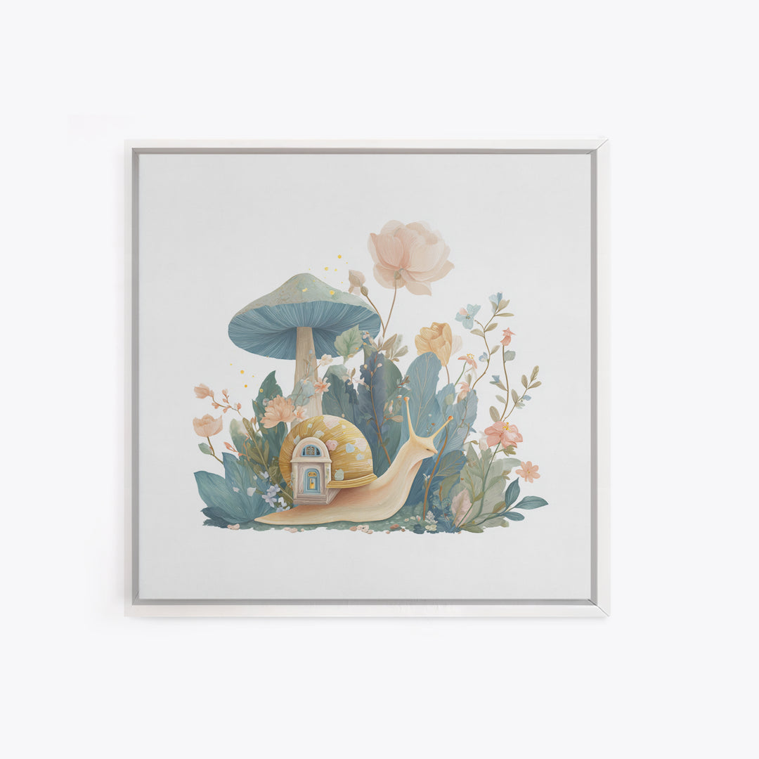 Garden Snail with Mushroom House Framed Canvas Print, Nursery Decor, Woodland Nursery, Watercolor Art, Nursery, NDE-1x1-71