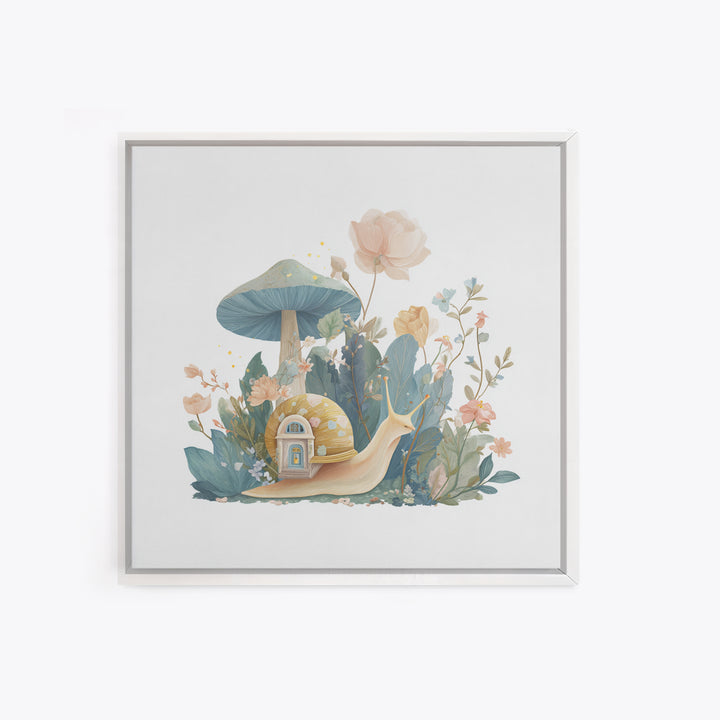 Garden Snail with Mushroom House Framed Canvas Print, Nursery Decor, Woodland Nursery, Watercolor Art, Nursery, NDE-1x1-71