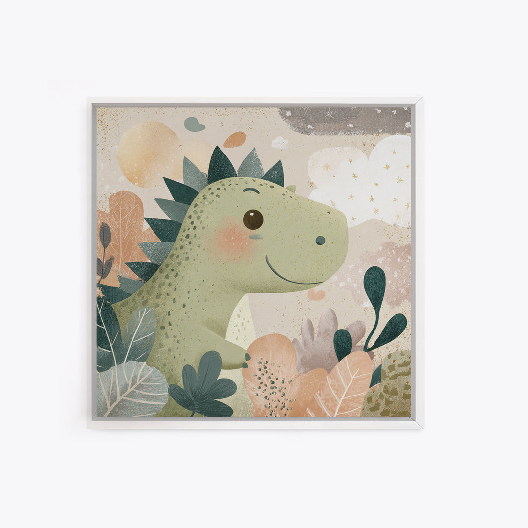 Gentle Dinosaur Family Framed Canvas Print, Nursery Decor, Boho Decor, Oil Painting, Nursery, Nursery Wall Art, Framed Wall Art, NDE-1x1-79