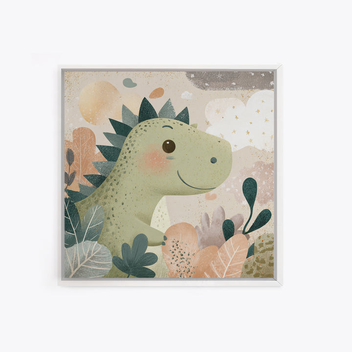 Gentle Dinosaur Family Framed Canvas Print, Nursery Decor, Boho Decor, Oil Painting, Nursery, Nursery Wall Art, Framed Wall Art, NDE-1x1-79