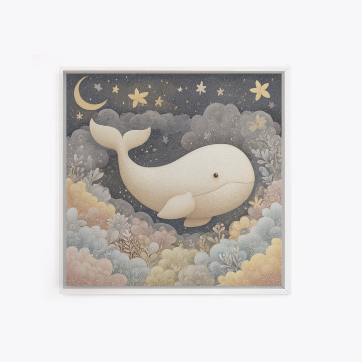 Baby Whale Swimming Through Stars Framed Canvas Print, Nursery Decor, Framed Wall Art, Fine Art, Nursery, Safari Nursery Decor, NDE-1x1-8