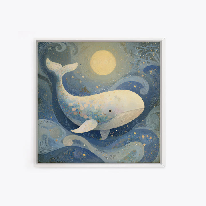 Baby Whale Swimming Through Stars Framed Canvas Print, Nursery Decor, Fine Art Print, Fine Art, Nursery, Printable Wall Art, NDE-1x1-80
