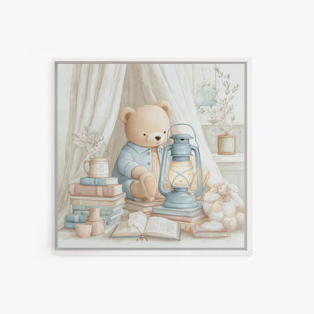 Storybook Bear with Little Lantern Canvas Print, Nursery Decor, Art Print, Fine Art, Nursery, Woodland Nursery Decor, NDE-1x1-81