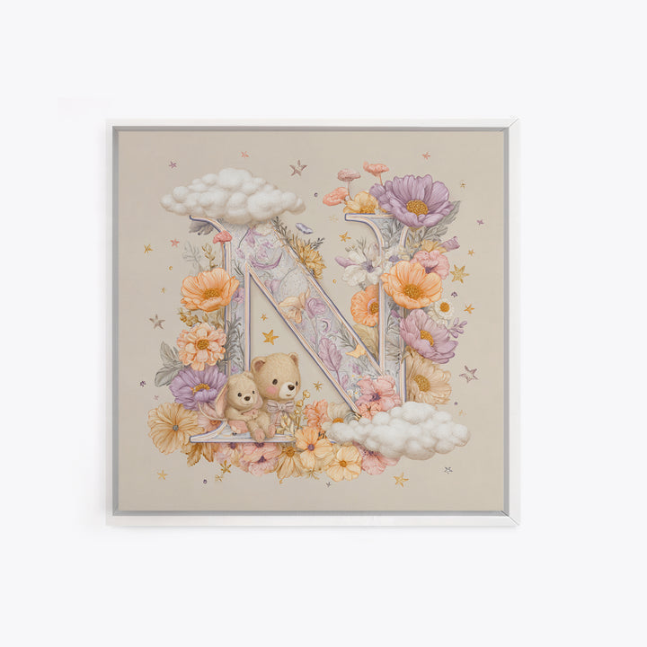 Soft Floral Initial Frame Without Letters Canvas Print, Nursery Decor, Boho Decor, Fine Art, Nursery, Nursery Wall Art, NDE-1x1-82
