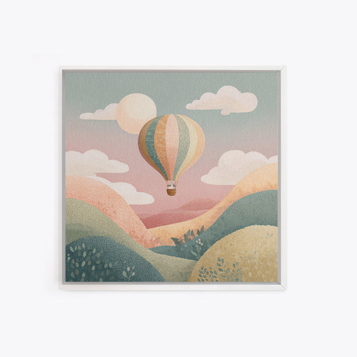 Hot Air Balloon Drifting Framed Canvas Print, Nursery Decor, Kids Wall Art, Abstract Art, Nursery, Room Decor, NDE-1x1-84