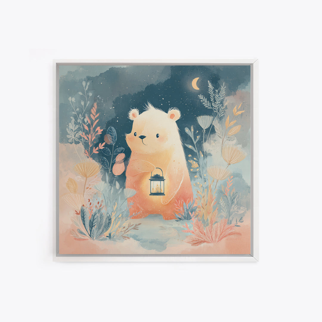 Storybook Bear with Little Lantern Canvas Print, Nursery Decor, Statement Artwork, Fine Art, Nursery, Printable Wall Art, NDE-1x1-9