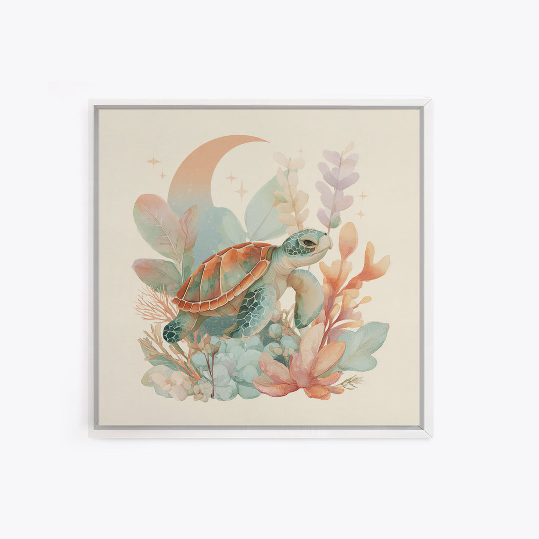 Tiny Turtle with Sea Plants Canvas Print, Nursery Decor, Room Decor, Fine Art, Nursery, Framed Wall Art, Bedroom Decor, NDE-1x1-91