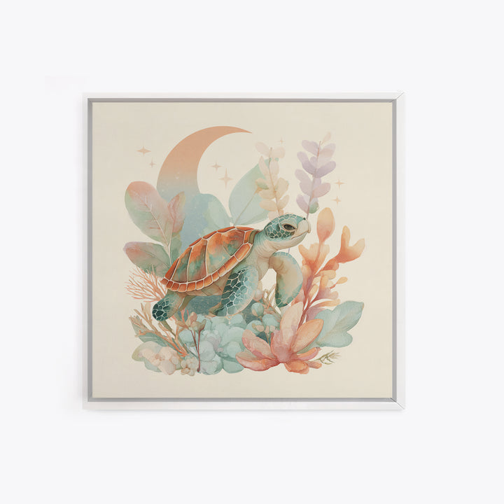 Tiny Turtle with Sea Plants Canvas Print, Nursery Decor, Room Decor, Fine Art, Nursery, Framed Wall Art, Bedroom Decor, NDE-1x1-91