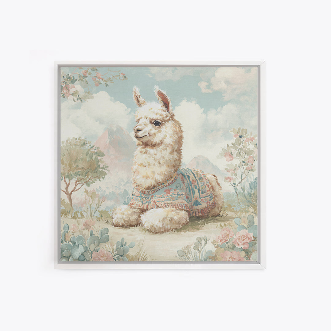 Cute Llama with Blanket Pattern Framed Canvas Print, Nursery Decor, Wall Art, Oil Painting, Nursery, Nursery Wall Decor, NDE-1x1-93