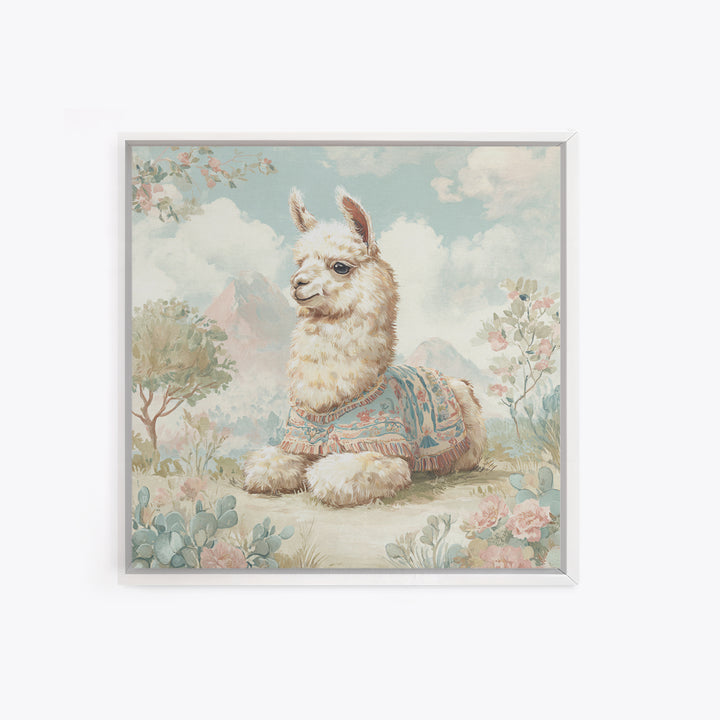 Cute Llama with Blanket Pattern Framed Canvas Print, Nursery Decor, Wall Art, Oil Painting, Nursery, Nursery Wall Decor, NDE-1x1-93