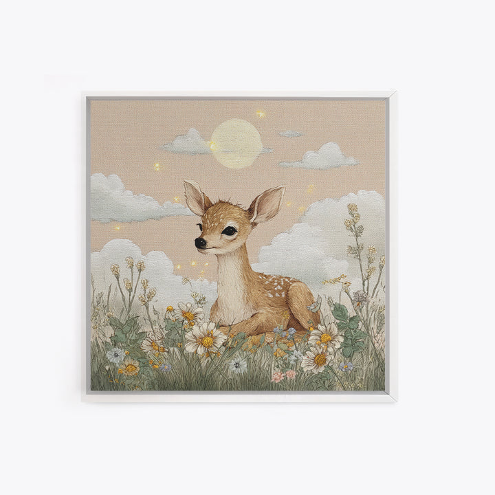 Baby Deer in Meadow with Fireflies Canvas Print, Nursery Decor, Modern Decor, Fine Art, Nursery, Wall Decor, Art Print, NDE-1x1-94