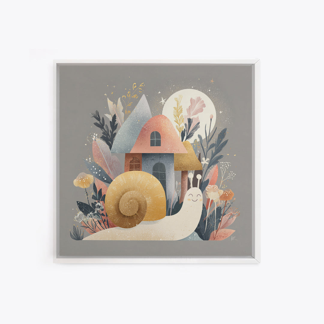 Garden Snail with Mushroom House Canvas Print, Nursery Decor, Fine Art Print, Watercolor Art, Nursery, Printable Wall Art, NDE-1x1-95