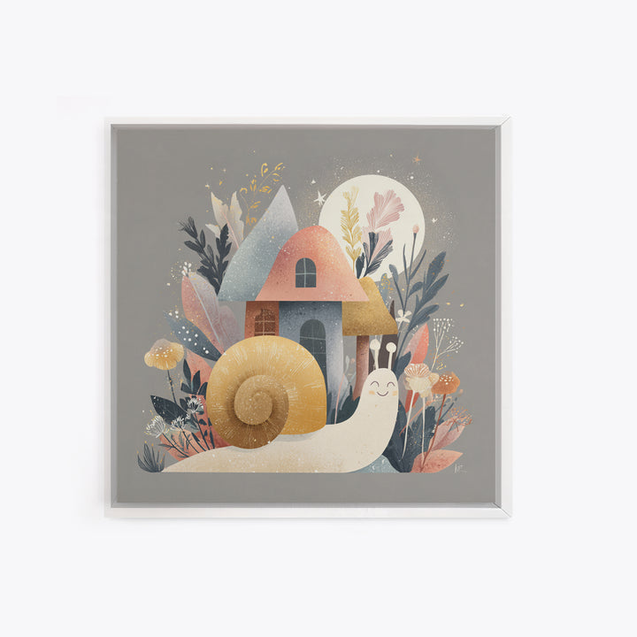Garden Snail with Mushroom House Canvas Print, Nursery Decor, Fine Art Print, Watercolor Art, Nursery, Printable Wall Art, NDE-1x1-95