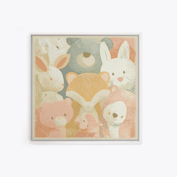 Woodland Animal Parade Canvas Print, Nursery Decor, Textured Painting, Nursery, Bedroom Decor, Wall Decal, Wall Decals, NDE-1x1-98