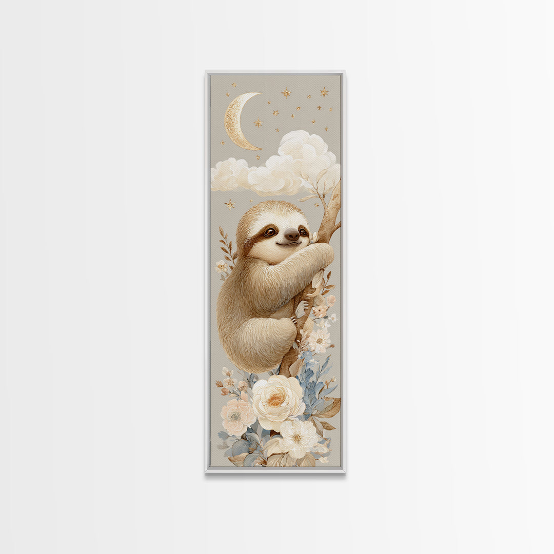 Sleepy Sloth Hanging from Branch Canvas Print, Nursery Decor, Neutral Decor, Oil Painting, Nursery, Home Decor, Wall Decor, NDE-1x3-18