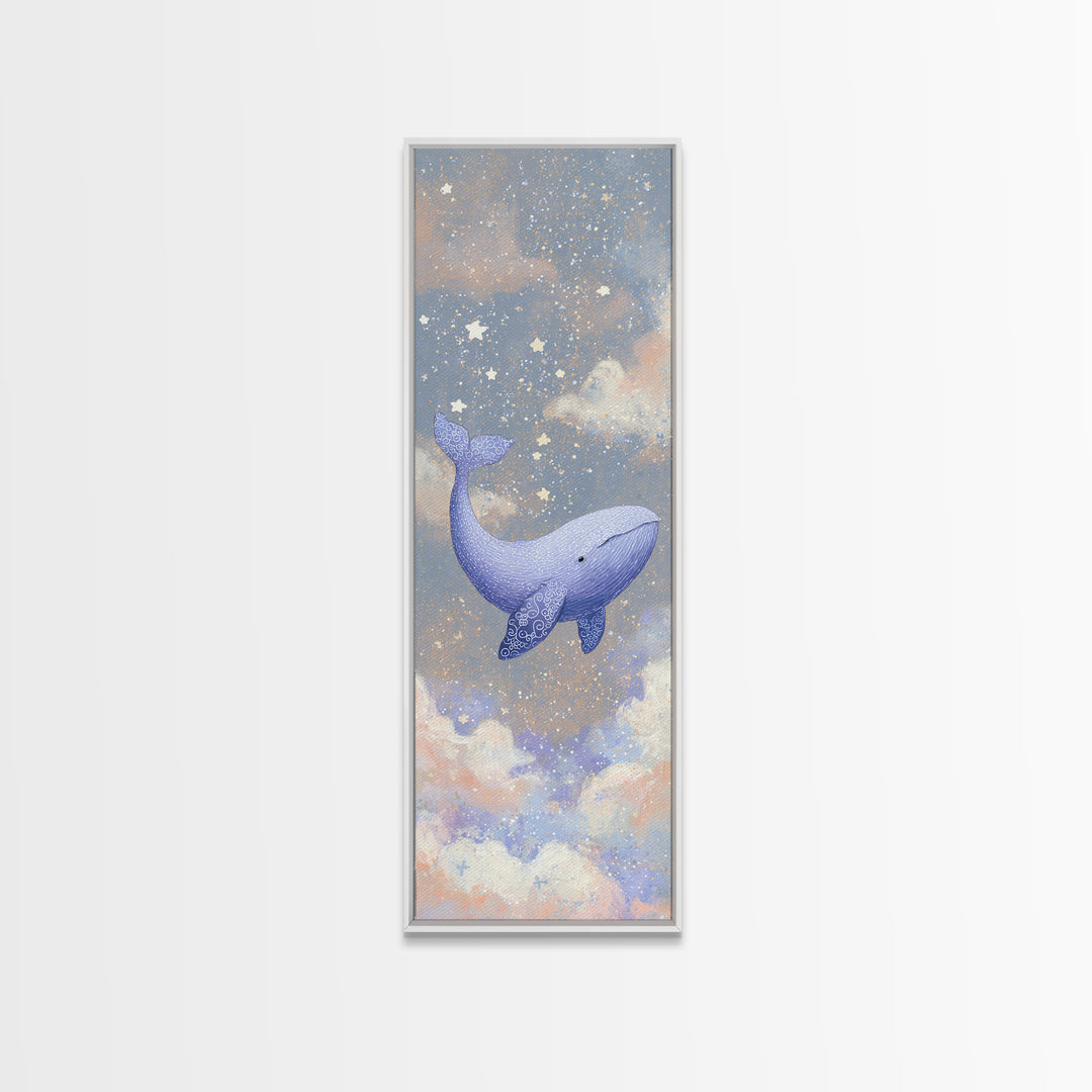 Baby Whale Swimming Through Stars Framed Canvas Print, Nursery Decor, Wall Decor, Fine Art, Nursery, Woodland Nursery Decor, NDE-1x3-20