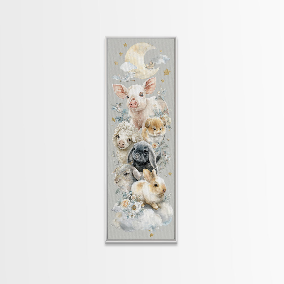 Farm Animals in Soft Watercolor Style Framed Canvas Print, Nursery Decor, Nursery Wall Decal, Oil Painting, Nursery, NDE-1x3-30