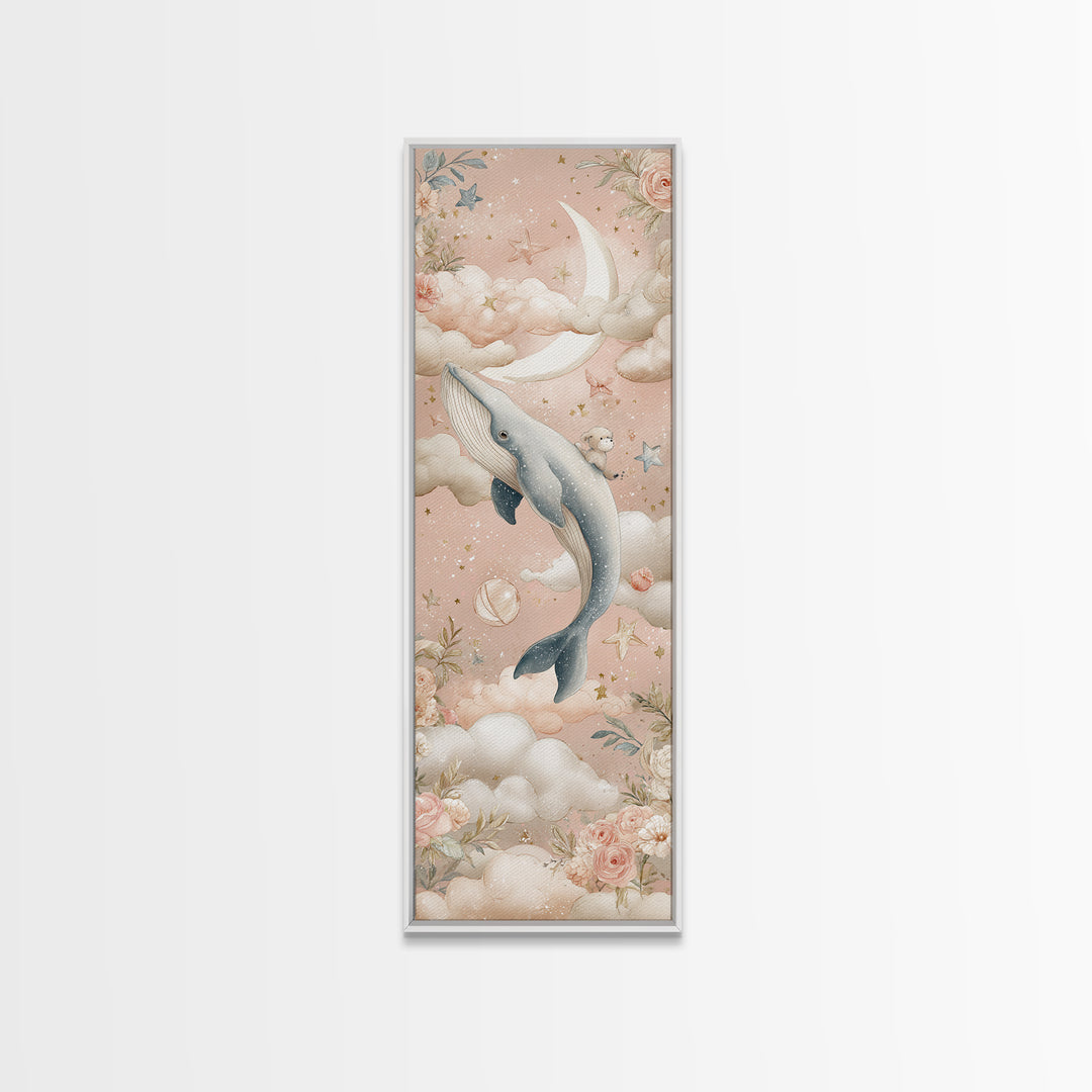 Baby Whale Swimming Through Stars Canvas Print, Nursery Decor, Framed Wall Art, Fine Art, Nursery, Safari Nursery Decor, NDE-1x3-44