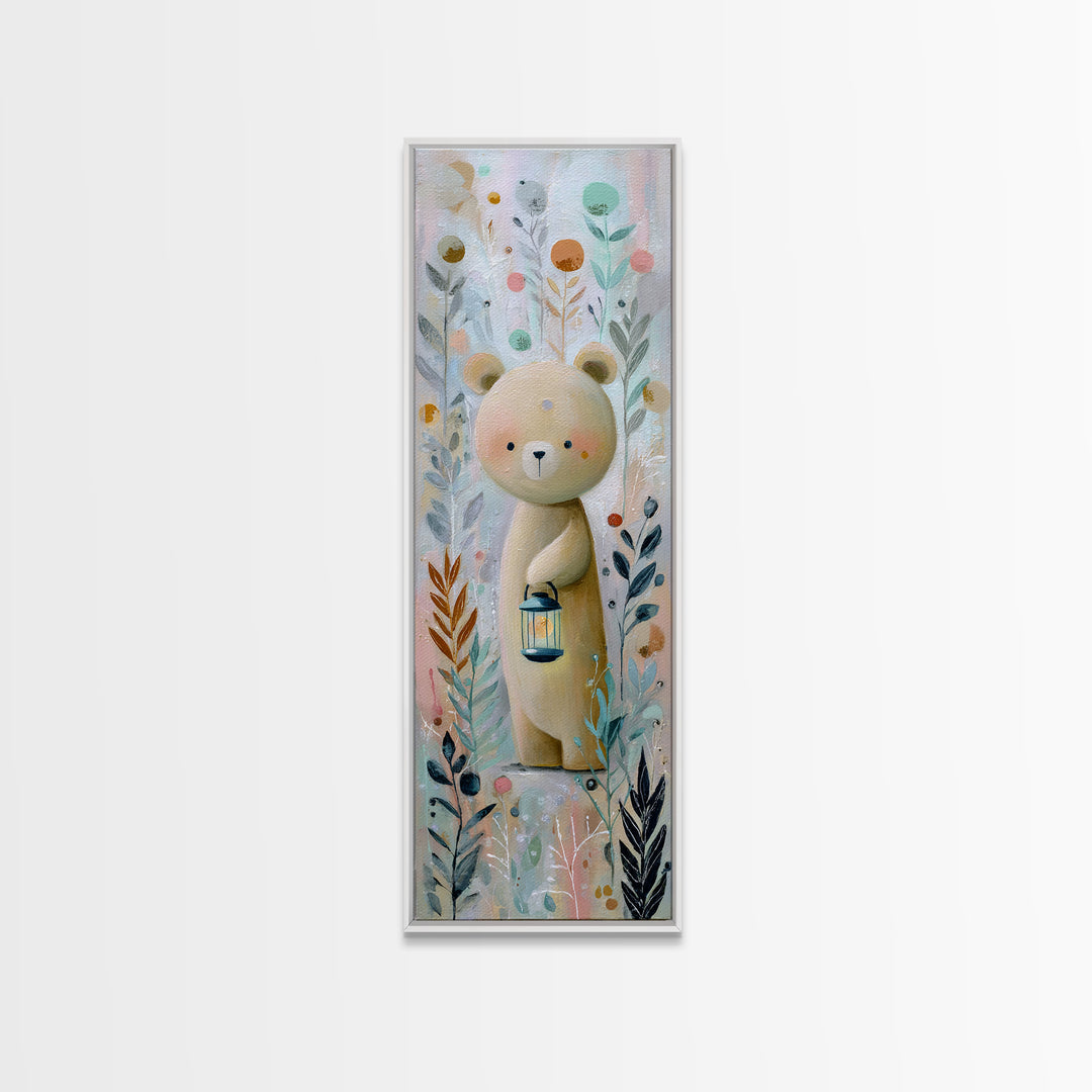 Storybook Bear with Little Lantern Framed Canvas Print, Nursery Decor, Wall Art, Oil Painting, Nursery, Nursery Wall Decor, NDE-1x3-45