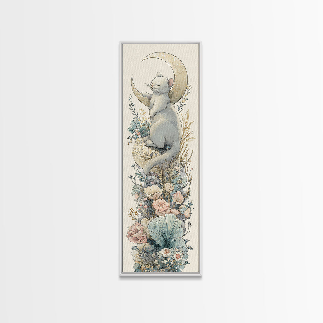 Sleeping Kitten on Crescent Moon Framed Canvas Print, Nursery Decor, Textured Painting, Fine Art, Nursery, Bedroom Decor, NDE-1x3-53
