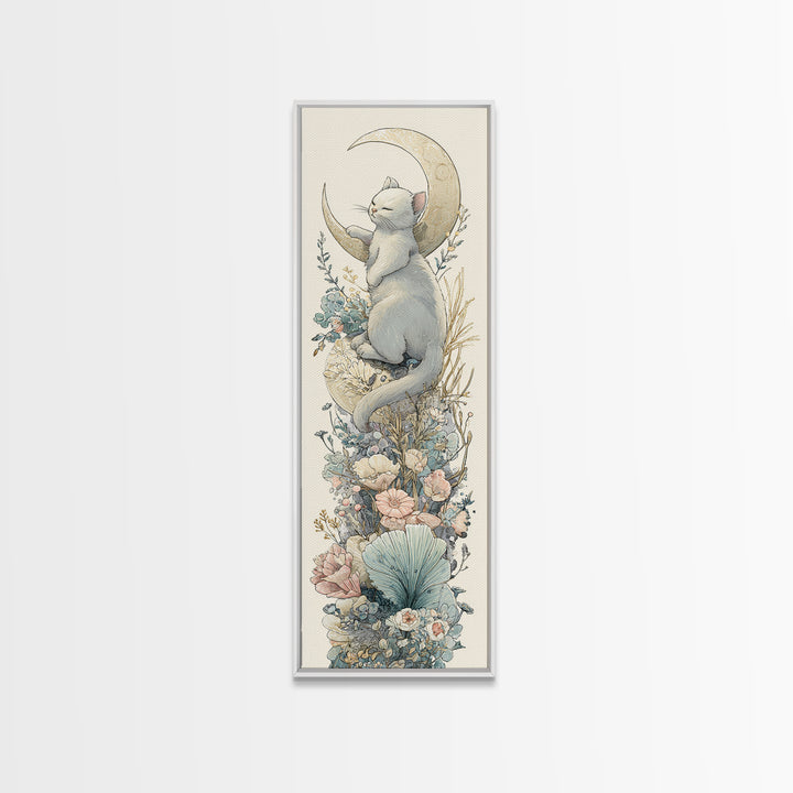 Sleeping Kitten on Crescent Moon Framed Canvas Print, Nursery Decor, Textured Painting, Fine Art, Nursery, Bedroom Decor, NDE-1x3-53