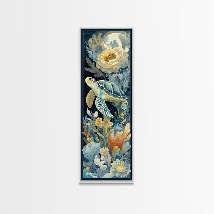 Tiny Turtle with Sea Plants Canvas Print, Nursery Decor, Floral Wallpaper, Oil Painting, Nursery, Fine Art Print, NDE-1x3-55