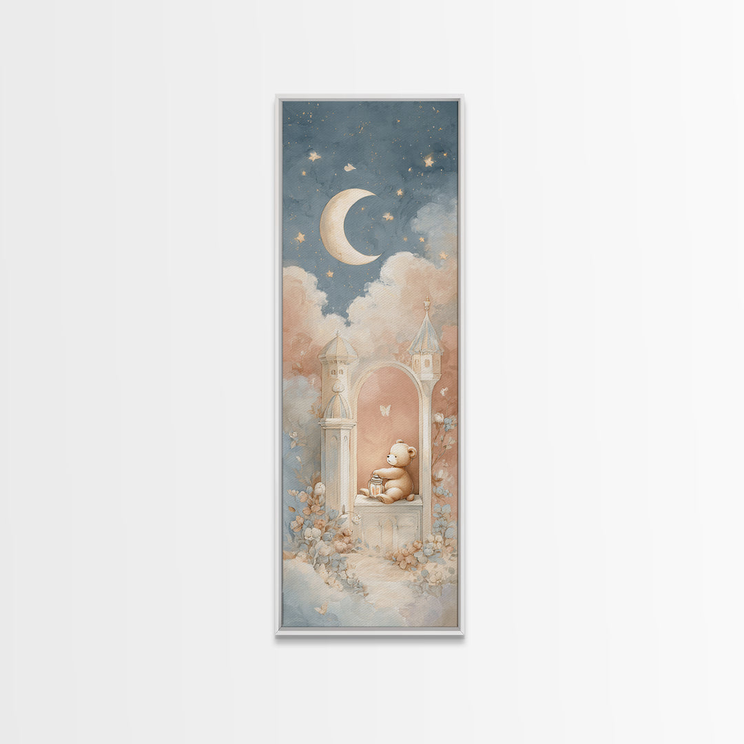 Storybook Bear with Little Lantern Framed Canvas Print, Nursery Decor, Wall Art, Oil Painting, Nursery, Nursery Wall Decor, NDE-1x3-69