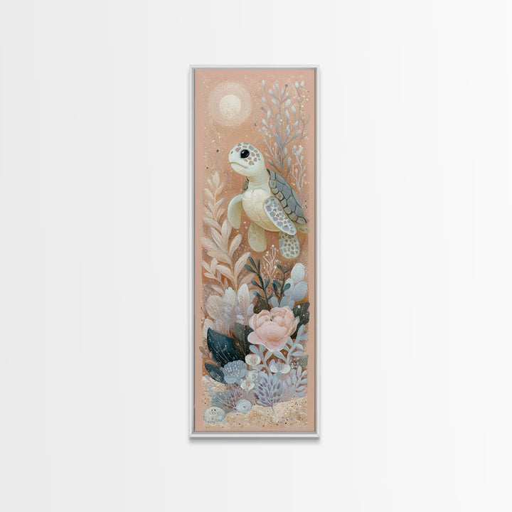Tiny Turtle with Sea Plants Framed Canvas Print, Nursery Decor, Nursery Wall Decals, Fine Art, Nursery, Textured Painting, NDE-1x3-79
