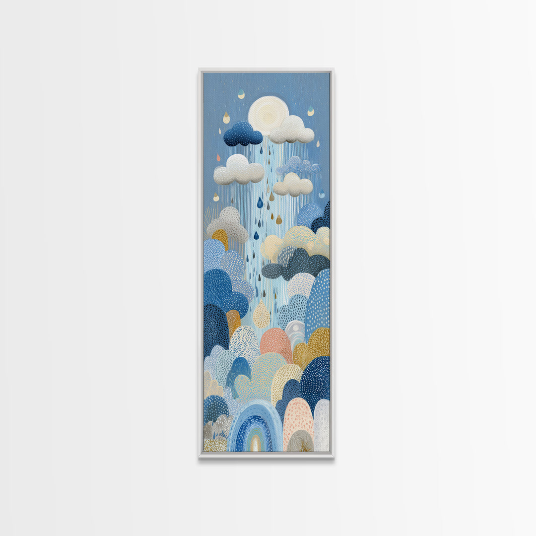 Cloud Rainbow and Raindrop Composition Framed Canvas Print, Nursery Decor, Wall Light, Fine Art, Nursery, Statement Artwork, NDE-1x3-80