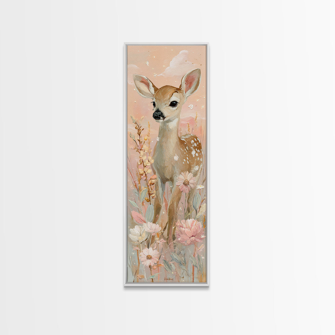 Baby Deer in Meadow with Fireflies Canvas Print, Nursery Decor, Boho Decor, Nursery, Nursery Wall Art, Framed Wall Art, NDE-1x3-82