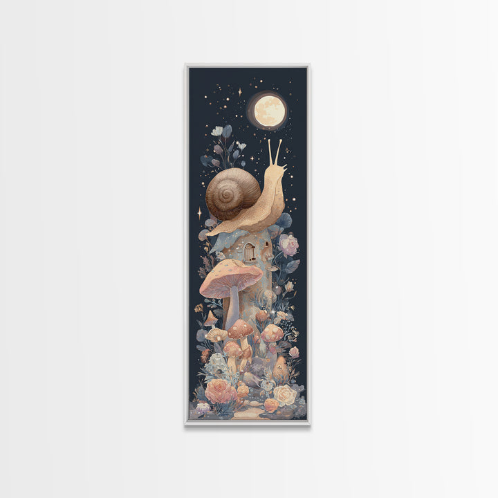 Garden Snail with Mushroom House Framed Canvas Print, Nursery Decor, Woodland Nursery, Watercolor Art, Nursery, NDE-1x3-83