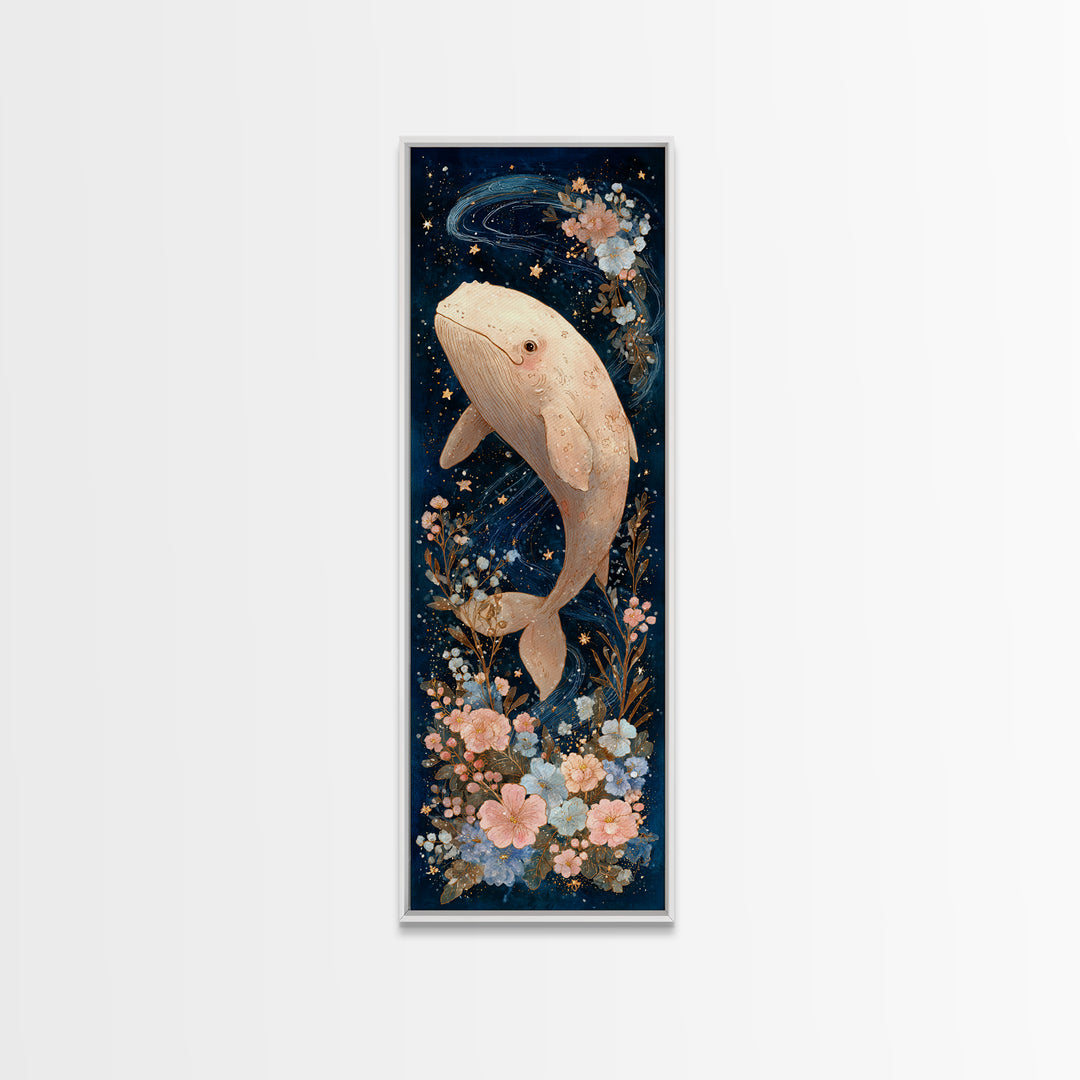 Baby Whale Swimming Through Stars Framed Canvas Print, Nursery Decor, Nursery Name Sign, Fine Art, Nursery, Luxury Decor, NDE-1x3-92