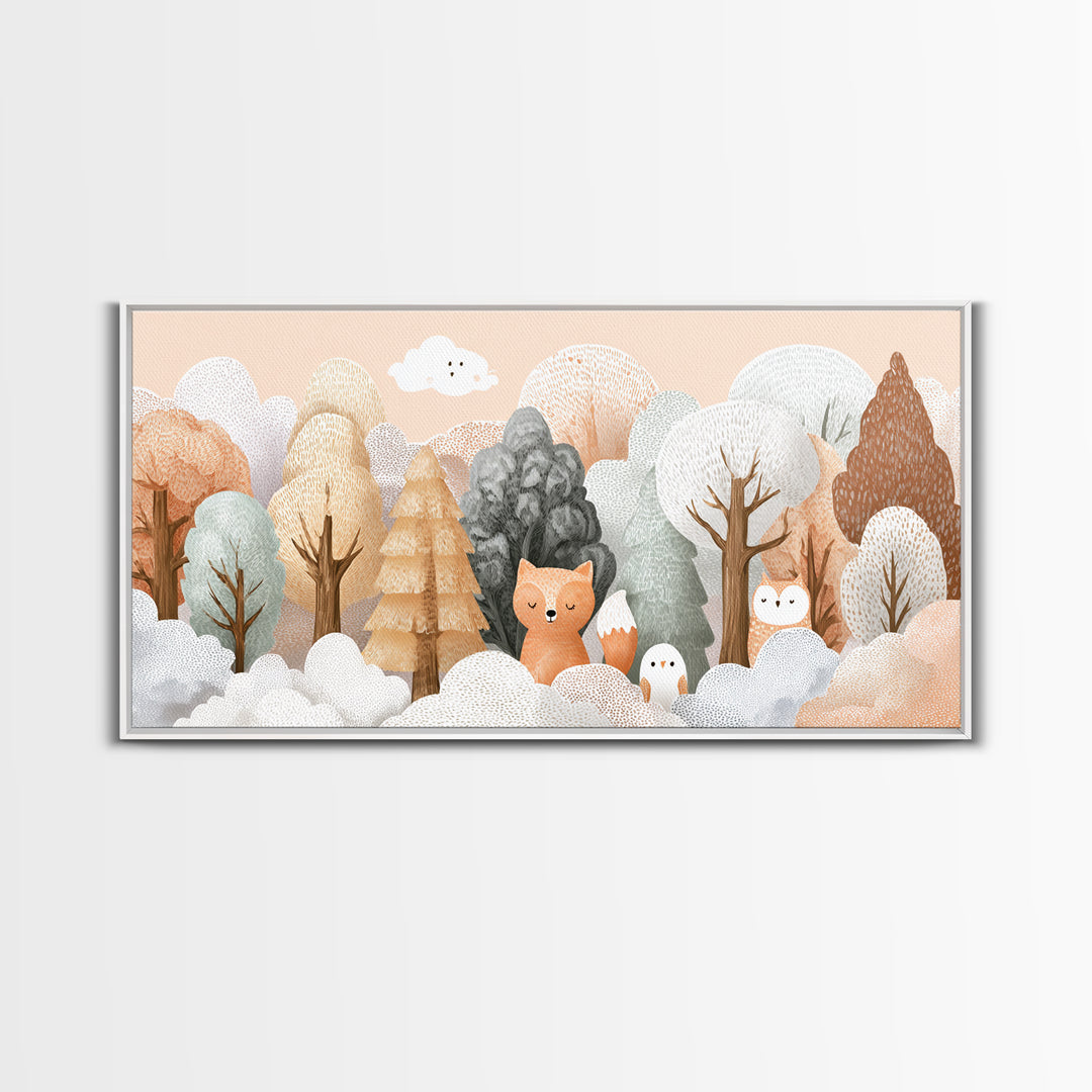 Fox and Owl Friends Framed Canvas Print, Nursery Decor, Contemporary Art, Fine Art, Nursery, Wall Decals, Nursery Wall Decor, NDE-2x1-10