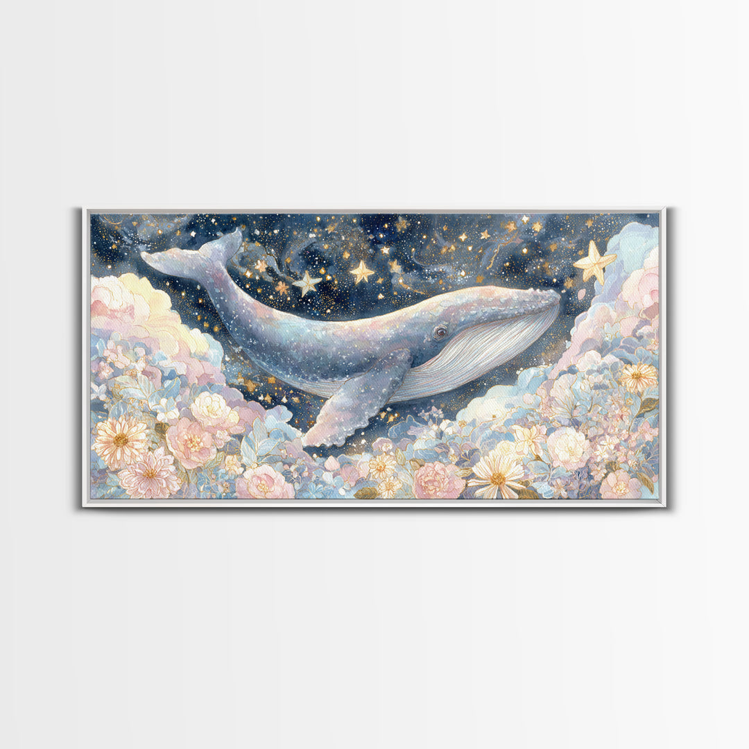 Baby Whale Swimming Through Stars Framed Canvas Print, Nursery Decor, Wall Light, Fine Art, Nursery, Statement Artwork, NDE-2x1-100
