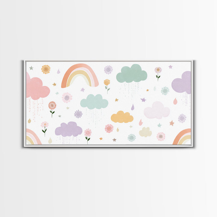 Cloud Rainbow and Raindrop Composition Framed Canvas Print, Nursery Decor, Fine Art Print, Fine Art, Nursery, NDE-2x1-16