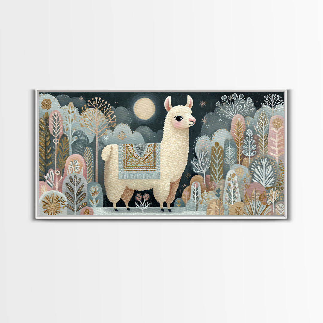 Cute Llama with Blanket Pattern Canvas Print, Nursery Decor, Nursery, Floral Wall Art, Botanical Wall Art, Floral Wallpaper, NDE-2x1-17