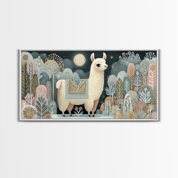 Cute Llama with Blanket Pattern Canvas Print, Nursery Decor, Nursery, Floral Wall Art, Botanical Wall Art, Floral Wallpaper, NDE-2x1-17
