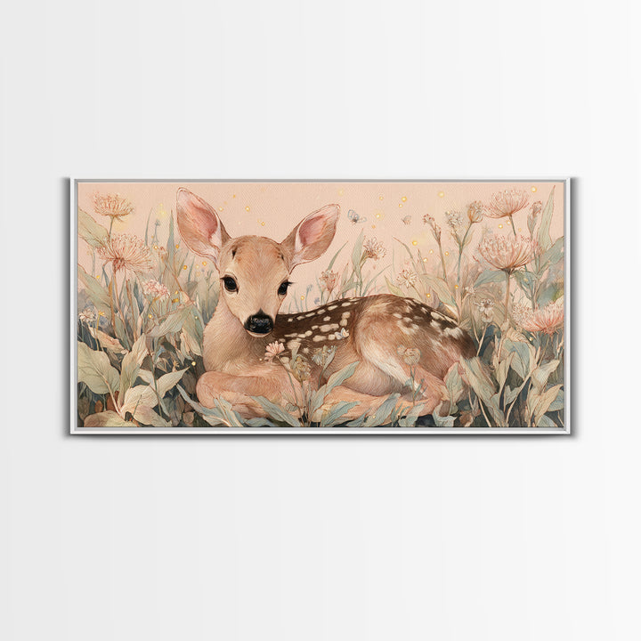 Baby Deer in Meadow with Fireflies Framed Canvas Print, Nursery Decor, Room Decor, Fine Art, Nursery, Framed Wall Art, NDE-2x1-18