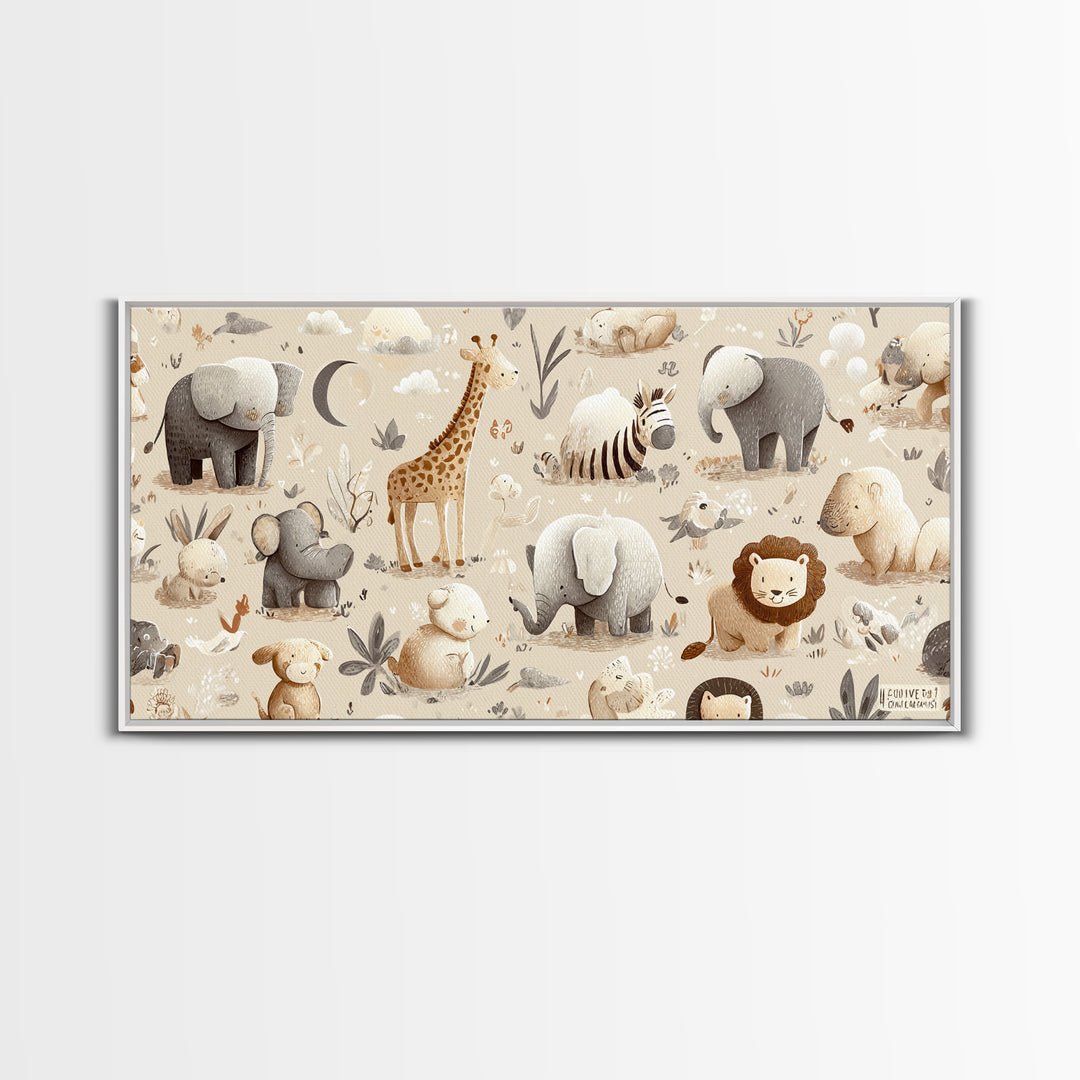 Cute Safari Animals Framed Canvas Print, Nursery Decor, Minimalist Decor, Fine Art, Nursery, Wall Decals, Nursery Wall Decor, NDE-2x1-24