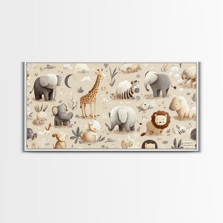 Cute Safari Animals Framed Canvas Print, Nursery Decor, Minimalist Decor, Fine Art, Nursery, Wall Decals, Nursery Wall Decor, NDE-2x1-24