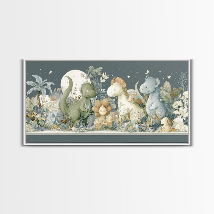 Gentle Dinosaur Family Framed Canvas Print, Nursery Decor, Boho Decor, Oil Painting, Nursery, Nursery Wall Art, Framed Wall Art, NDE-2x1-27
