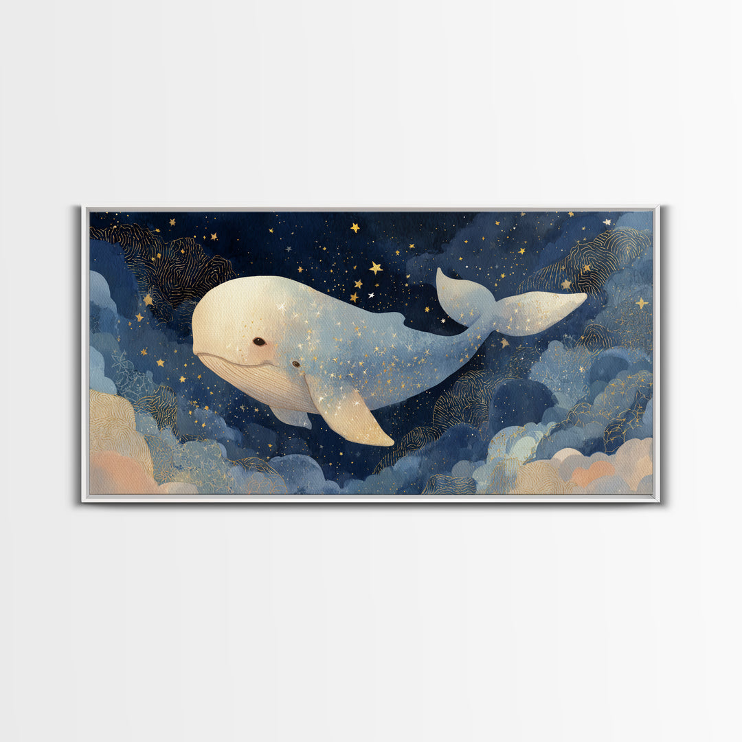 Baby Whale Swimming Through Stars Framed Canvas Print, Nursery Decor, Contemporary Art, Fine Art, Nursery, Wall Decals, NDE-2x1-28