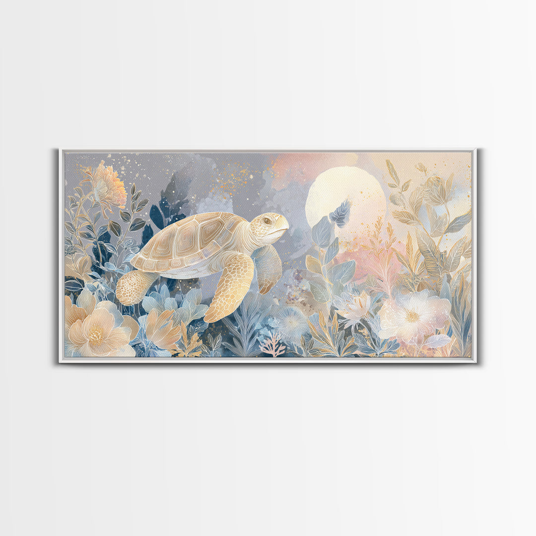 Tiny Turtle with Sea Plants Canvas Print, Nursery Decor, Nursery Wall Art, Oil Painting, Nursery, Botanical Wall Art, NDE-2x1-39