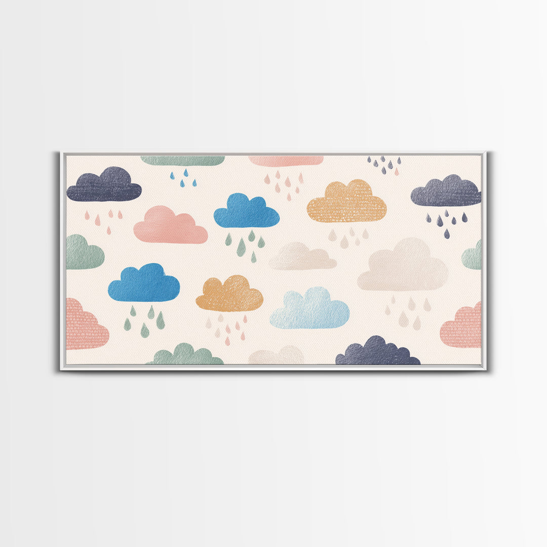 Cloud Rainbow and Raindrop Composition Framed Canvas Print, Nursery Decor, Wall Decor, Nursery, Woodland Nursery Decor, NDE-2x1-40
