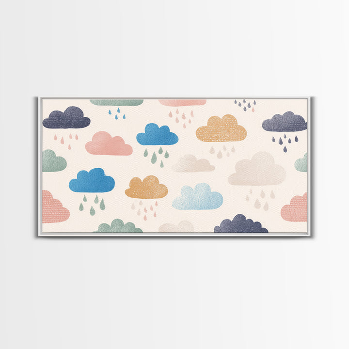 Cloud Rainbow and Raindrop Composition Framed Canvas Print, Nursery Decor, Wall Decor, Nursery, Woodland Nursery Decor, NDE-2x1-40